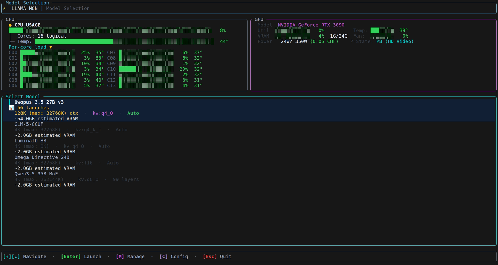 llamamon model selection screen with VRAM estimates